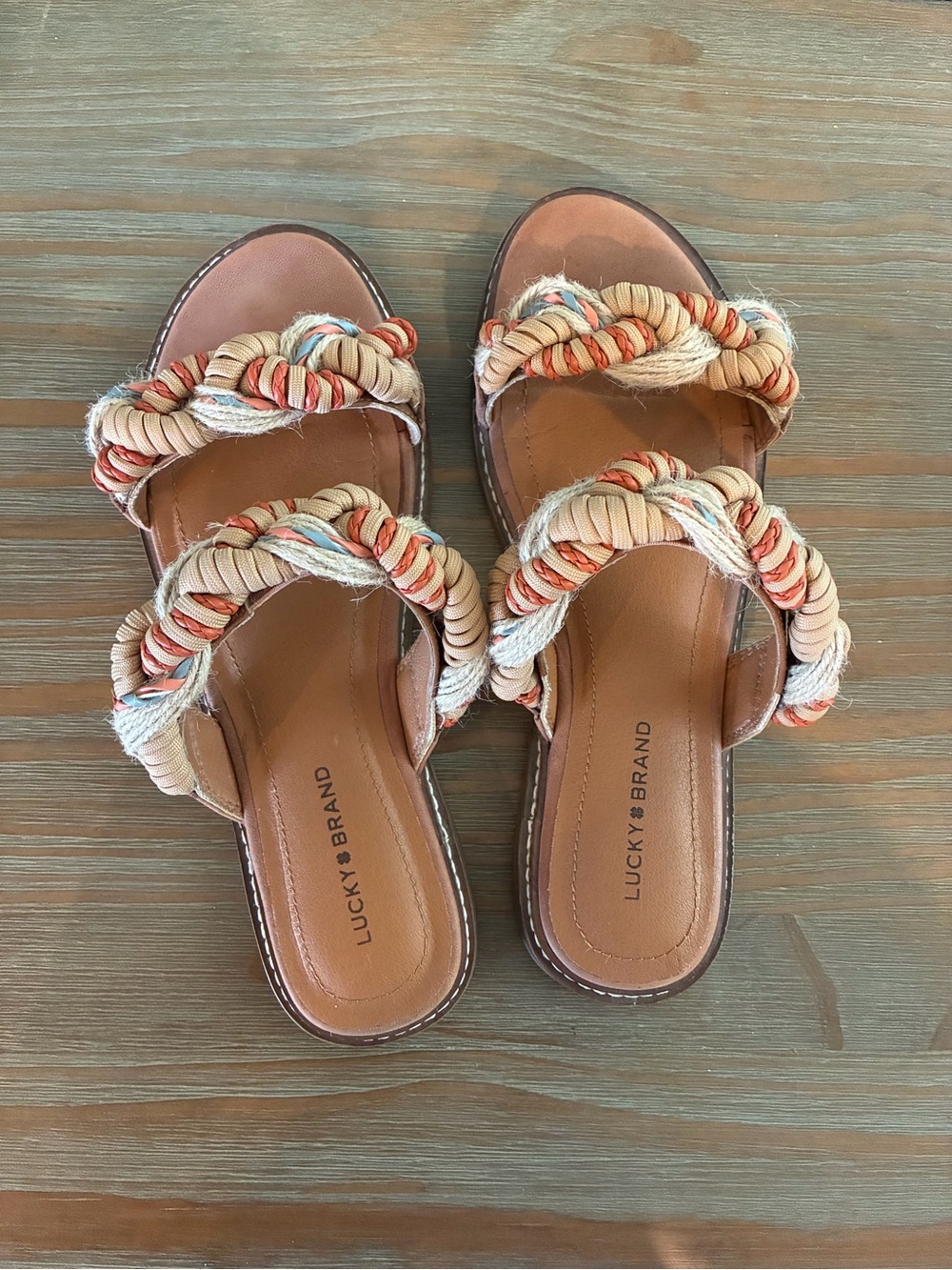 Lucky Brand Braided Tan Slide Sandals with Orange & Cream Accents